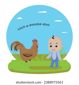 Rooster says cock-a-doodle-doo. Baby and cock. Farm animals study for babies. Education material. Speech therapy cards. flashcard.  svg