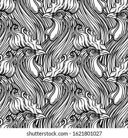 Rooster seamless pattern, Chinese zodiac symbol. Vector endless background. Repeating head of cock. Design for wallpaper art, coloring, nature and spirituality.
