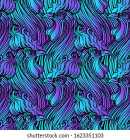 Rooster seamless pattern, Chinese zodiac symbol. Vector endless background. Repeating head of cock. Design for wallpaper art, coloring, nature and spirituality. Vintage print.
