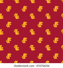 Rooster seamless pattern. Cock illustration on red background. Rooster vector