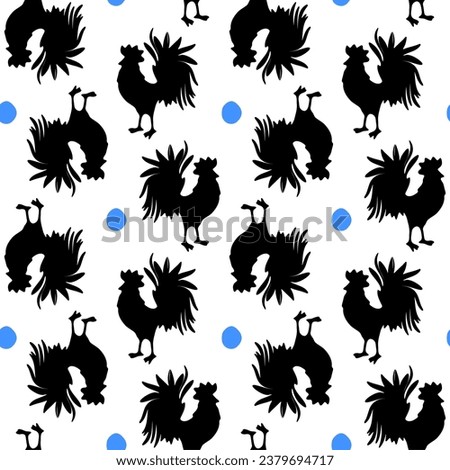 Rooster seamless pattern design with silhouette on white bachground, vector