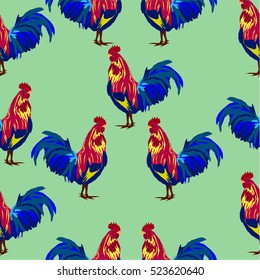 Rooster seamless pattern. New Year symbol. Colorful  animal print. Repeating ornament for textile design and home decor