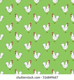 Rooster seamless pattern on green background. Cute cartoon funny character of farm animal. Vector illustration. Symbol of the New Year.