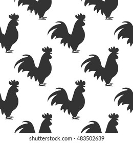 Rooster seamless pattern silhouettes isolated white color on black. Symbol of New Year 2017 by Chinese calendar
