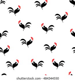 Rooster seamless pattern silhouettes isolated white color on black. Symbol of New Year 2017 by Chinese calendar