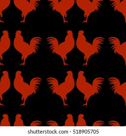 Rooster seamless vector template. Stylized fire rooster silhouette on black background