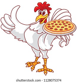A rooster serve a pan of pizza. 