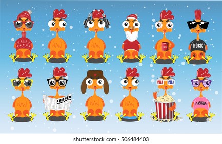 Rooster Set. Merry Christmas. Happy New Year. Vector Illustration