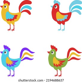 Rooster, a set of multi-colored, cartoon roosters isolated on a white background. Vector, cartoon illustration.