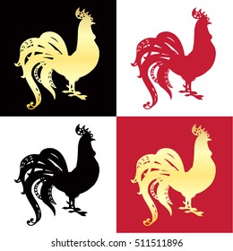 Rooster. Set of silhouette of the rooster. Golden rooster. Red rooster. Black rooster.