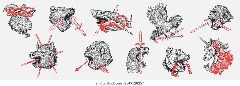 Galo, tubarão, cachorro, cabra, unicórnio, javali, cobra, macaco, urso. Animais de ilustração desenhados à mão com elementos vermelhos fundo branco isolado. Defina o personagem da silhueta para a tatuagem, mascote. Arte vetorial.