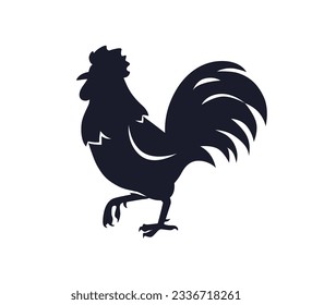 Silueta de gallo. Sombra de pájaros negros, gallo. Perfil de pavo, vista lateral. Símbolo de aves de corral con plumas. Horóscopo chino, icono del zodiaco oriental. Ilustración vectorial plana aislada en fondo blanco