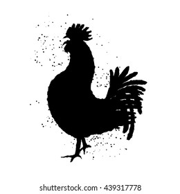 Rooster silhouette Chinese calligraphy imitation. Traditionally East Asian cultures calligraphic and ink brush painting, Inksticks or India ink hair texture on the edge of the cock with splash of ink