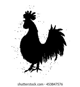 Rooster silhouette Chinese calligraphy imitation. Traditionally East Asian cultures calligraphic and ink brush painting, Inksticks or India ink hair texture on the edge of the cock with splash of ink 