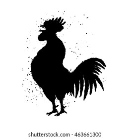 Rooster silhouette Chinese calligraphy imitation. Traditionally East Asian cultures calligraphic and ink brush painting Inksticks or India ink hair texture on the edge of the cock with splash of ink. 