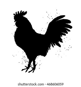 Rooster silhouette Chinese calligraphy imitation. Traditionally East Asian cultures calligraphic and ink brush painting Inksticks or India ink hair texture on the edge of the cock with splash of ink. 