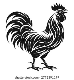 Rooster silhouette with decorative feathers black and white rooster tail feather silhouette illustration wildlife decoration ornamental standing side view domestic countryside
