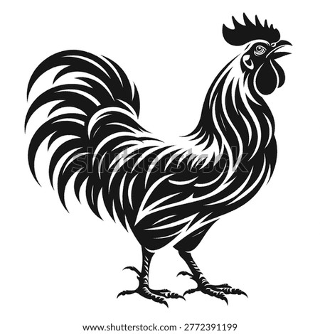 Rooster silhouette with decorative feathers black and white rooster tail feather silhouette illustration wildlife decoration ornamental standing side view domestic countryside