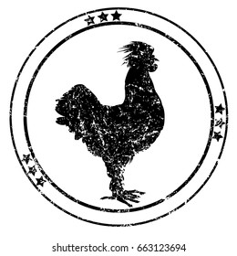 Rooster silhouette grungy stamp based on an original hand drawn illustration, object isolated on white