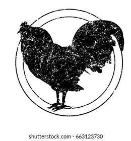 Rooster silhouette grungy stamp based on an original hand drawn illustration, object isolated on white