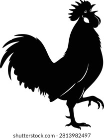 Rooster silhouette on white. Bird in flight illustration. Graphic element. Wildlife and farm design.