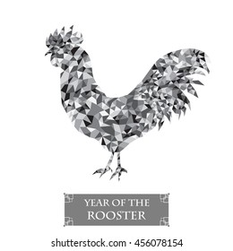 Rooster silhouette. Polygon cock. Symbol 2017 New Year. Grey bird icon. Holiday greeting card design. Isolated on white background. Black and white style. Vector illustration.