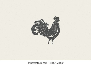 Rooster silhouette for poultry farm industry hand drawn stamp effect vector illustration. Vintage grunge texture emblem for butchery packaging and menu design or label decoration