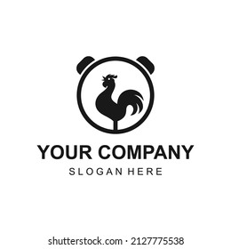 Rooster silhouette with round clock logo vector