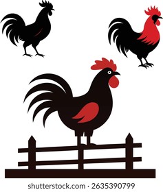 Rooster Silhouette Standing Proudly Isolated on White Background	