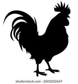 Rooster silhouette standing in side view, isolated on white background. Vector illustration for signs, icons, logos, stickers, and templates. Editable and scalable EPS file.