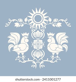 Rooster silhouette template with flowers. Vector clipart. Pattern, stencil, scrapbooking, decorative illustration. Two colors. Rustic Provençal style. Stylized style