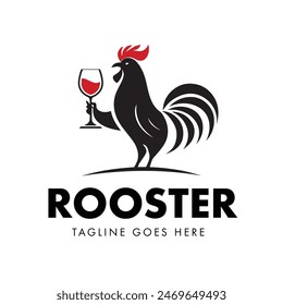 Rooster silhouette vector illustration design holding a glass of Red Wine can be used for Vintage Restaurant logo