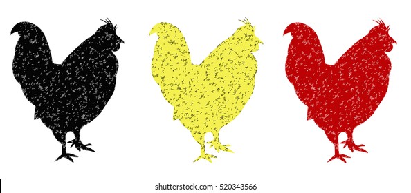 rooster silhouettes in Belgian flag colors. Decorative items for the New Year