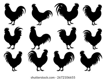Silhuetas de galo isoladas sobre fundo branco. Ilustração do vetor de galo