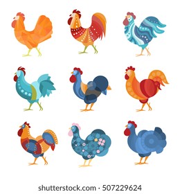 Rooster Similar Drawings Set Colored In Different Styles