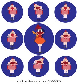 Rooster and singing chickens colored vector icons in flat style.