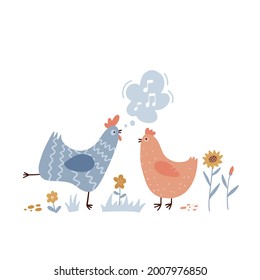 Rooster singing songs for hen. Cute and funny chicken listening to crowing. Colorful flat hand drawn vector illustration isolated on white background