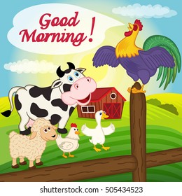 rooster sings on a fence in the morning - vector illustration, eps
