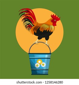 A rooster sits on the handle of a bucket against the rising sun. Vector illustration