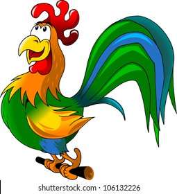 Rooster sits on a perch welcomes the sun (illustration);