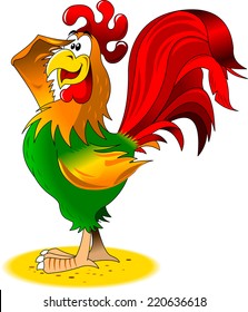 Rooster sits on a perch welcomes the sun, illustration
