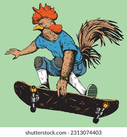 Rooster skater doing a grab trick. Skater rooster, mascot of a skateboarding team doing a indie grab dressed in streetwear with knee pads. Sport illustration concept.