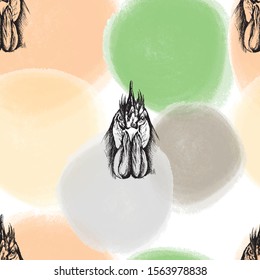 Rooster sketch and pastel shapes seamless pattern. Animal background 