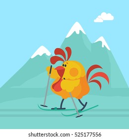 Rooster skiing in mountains. Cute cock cartoon goes skiing, snow-capped mountains on background flat vector. Chinese zodiac calendar animal character. Active leisure on winter holiday vacation concept