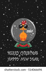 Rooster in Snow Ball. Vector Illustration