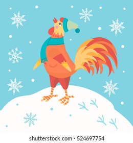 Rooster and snow. Vector winter illustration. Symbol of New Year.Cock.