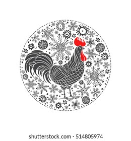 Rooster and snowflakes. Rooster- animal symbol of new year 2017. Vector illustration in the circle,  isolated element for design.