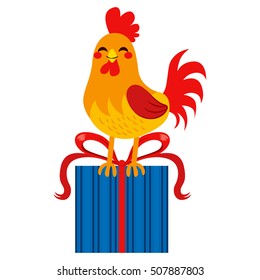 Rooster standing with big present box gift giving concept