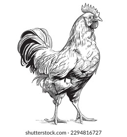 Rooster standing hand made scetch illustration Farm