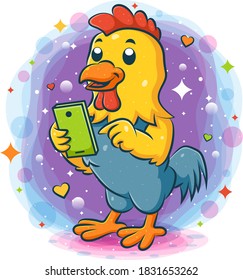Rooster standing holding smart phone of illustration